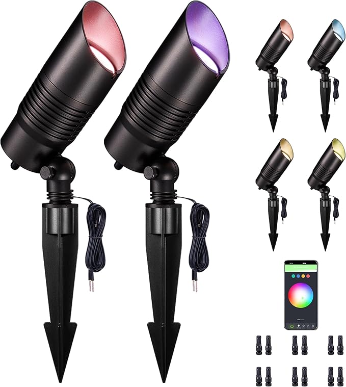 Smart LED Landscape Spotlight - 12V Waterproof Multicolor Uplights 5W 250LM App-Controlled Aluminum Black Perfect for Garden Patio Wall 6 Pack
