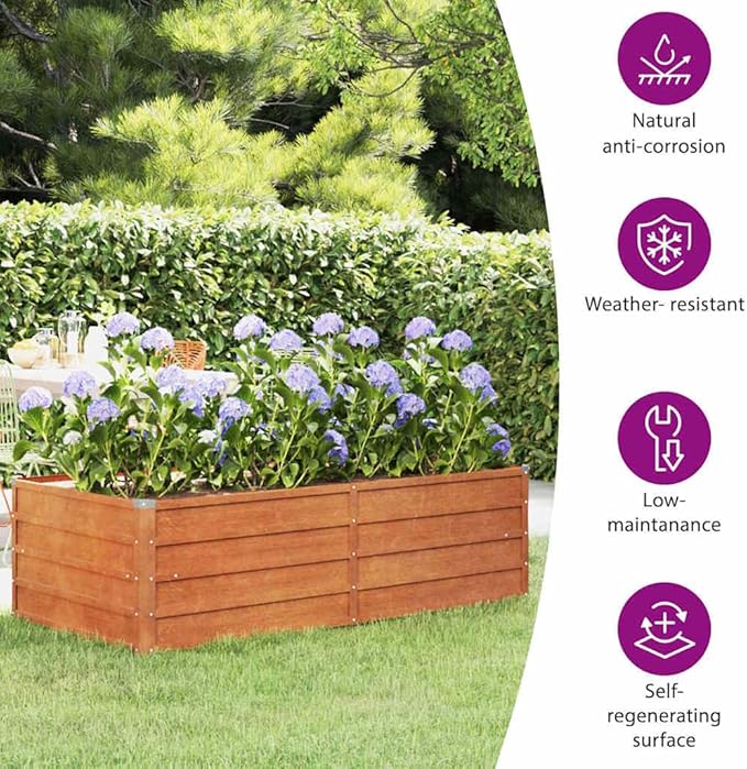 vidaXL Rustic Corten Steel Garden Raised Bed Planter 63x31.5x17.7 in Durable Outdoor Flower and Vegetable Box for Aesthetic Easy Gardening Metal Veggies Herb Stand Pot Plant Heavy Duty