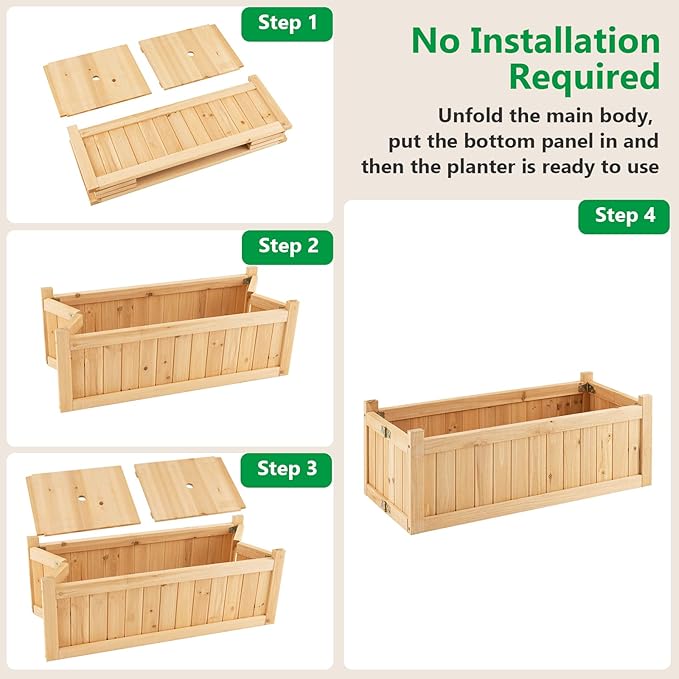 LDAILY Foldable Raised Garden Bed Easy Assembly Raised Bed with Bottom &amp 2 Drainage Holes Wood Planter Box for Flowers/Vegetables/Fruits in Backyard Patio (27.5 L x 12 W x 10 H)