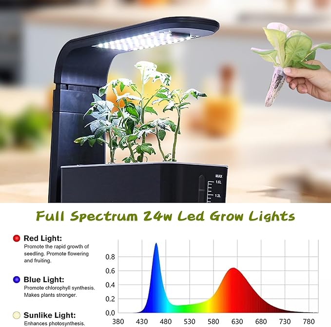 Hydroponics Growing System with LED Grow Light Adjustable Indoor Garden Kit for Herbs/Vegetables Soil-Free Smart Water Alert 3 Plant Capacity Plants Germination Kit for Home Kitchen Office (Black)
