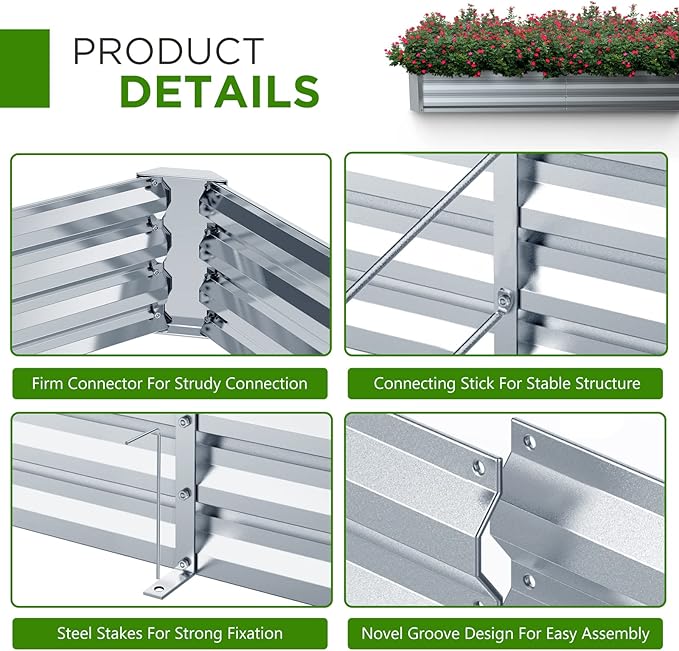 8×4×1FT Galvanized Raised Garden Bed Kit PETNOZ Easy Quick Setup Raised Garden Boxes Outdoor With Metal Stake To Fix Optional Size Rustproof Planter Box With No Bottom For Vegetables Flowers Herbs