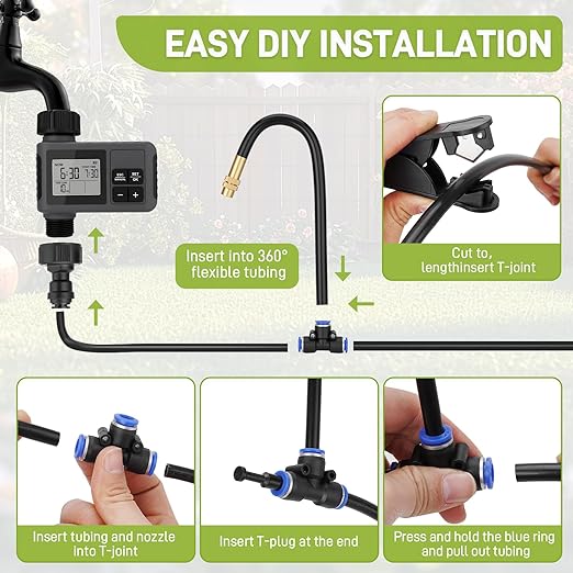 66FT Drip Irrigation Kit with Timer Automatic Garden Watering System with Flexible 360° Bendable Hose &amp Adjustable Emitters Drip Irrigation System for Greenhouse Yard Flower Bed Lawn &amp Pl