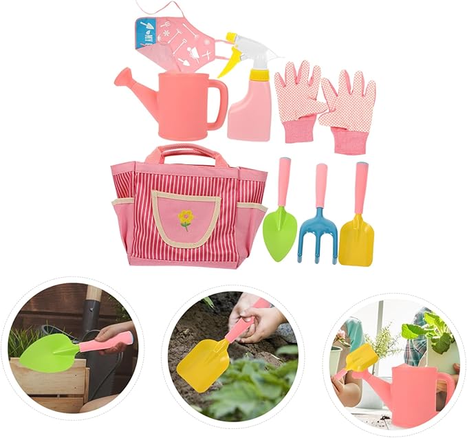 1set Boy Girl Gardening Tool Set Boy Girl Garden Kit Shovel Rake Gloves Apron Watering Can and Carry Bag Lightweight Tools for Boys and Girls