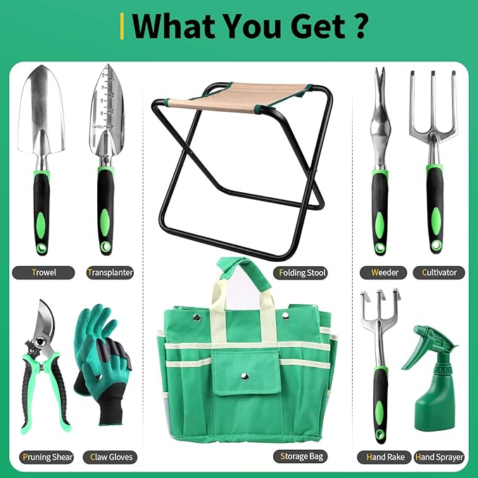 Kitness 9 PCS All-in-One Garden Tools Set Heavy-Duty Cast-Aluminum Gardening Kit with Folding Stool Seat and Detachable Canvas Tool Bag Durable Hand Tools Gift Set for Gardening Lovers