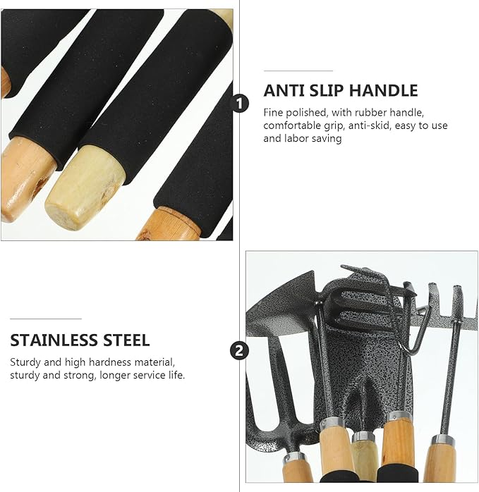 5pcs Garden Tool Set with Wood Handles Including Large Shovel Three-Prong Cultivator Two-Head Hoe Five-Tine Rake for Planting and Lawn Care