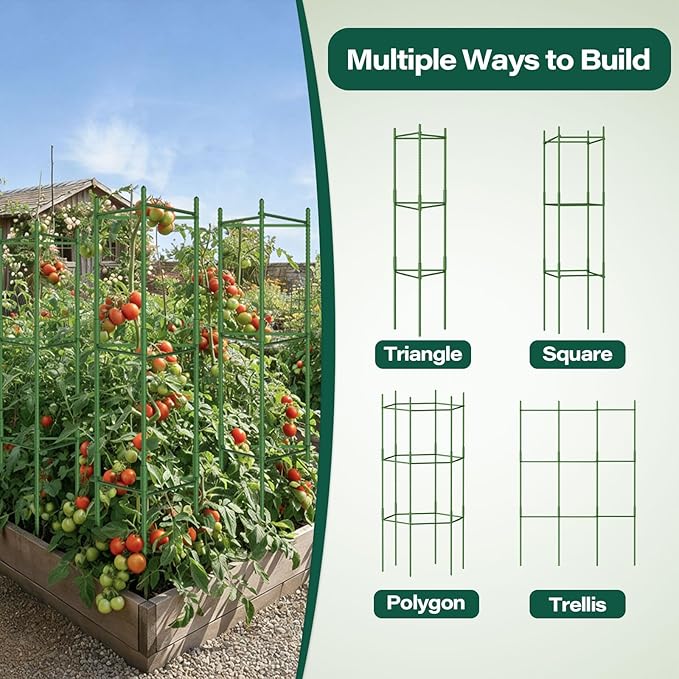 Halatool 63 Inch Tomato Cages 4 Pack Adiustable Plant Cages Assembled Tomato Garden Cages Stakes Vegetable Support Trellis with 120 Feet Twist Tie Snap-On for Vertical Climbing Plants