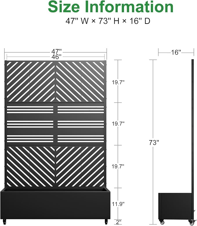 Casaphoria Metal Raised Garden Bed with Trellis and Wheels 72x47x16 Planter Box for Climbing Plants Vegetables &amp Vines Features Drainage Holes and Privacy Screen Black(Parallel&ampHarold)