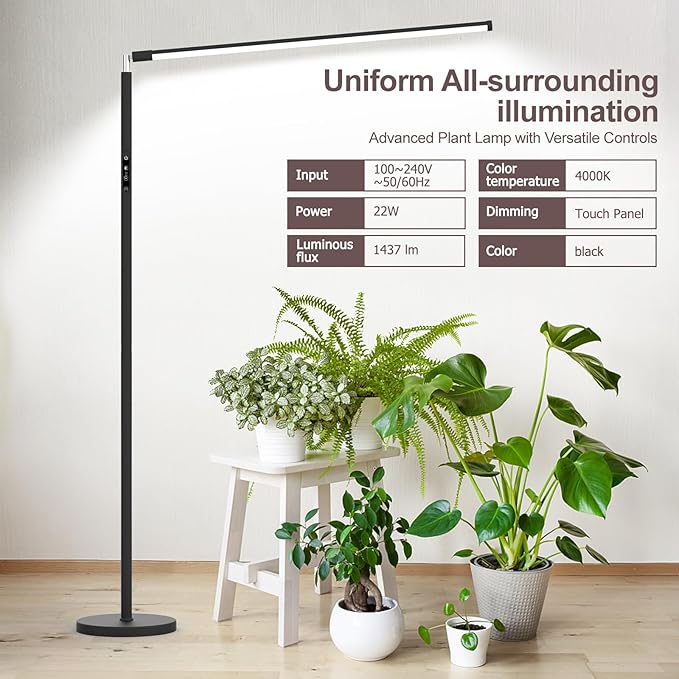 STERREN Plant Floor Lamp for Indoor Plants Full Spectrum LED Grow Light with 4/8/12H Timer Dimmable Black Plant Light with Stand Rotary Tall Grow Lights Head Adjustable 4000K
