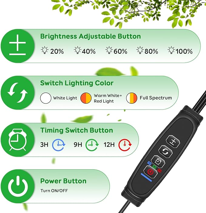 Full Spectrum LED Grow Light for Indoor Plants 3Heads Grow Lights for Seed Starting 10 Dimmable Levels &amp 3 Timer Modes (3/9/12H) Adjustable 360° Gooseneck with Clip Plant Grow Light 2 Pack