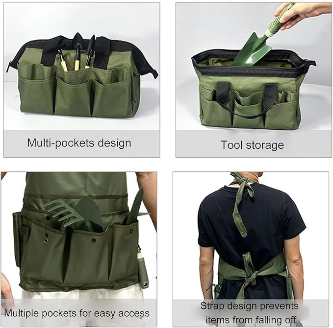 Garden Tool Set 9 Piece Ergonomic Rubber Coated Wooden Handle Gardening Tools with Storage Bag and Apron for Home Lawn Farm Planting Weeding