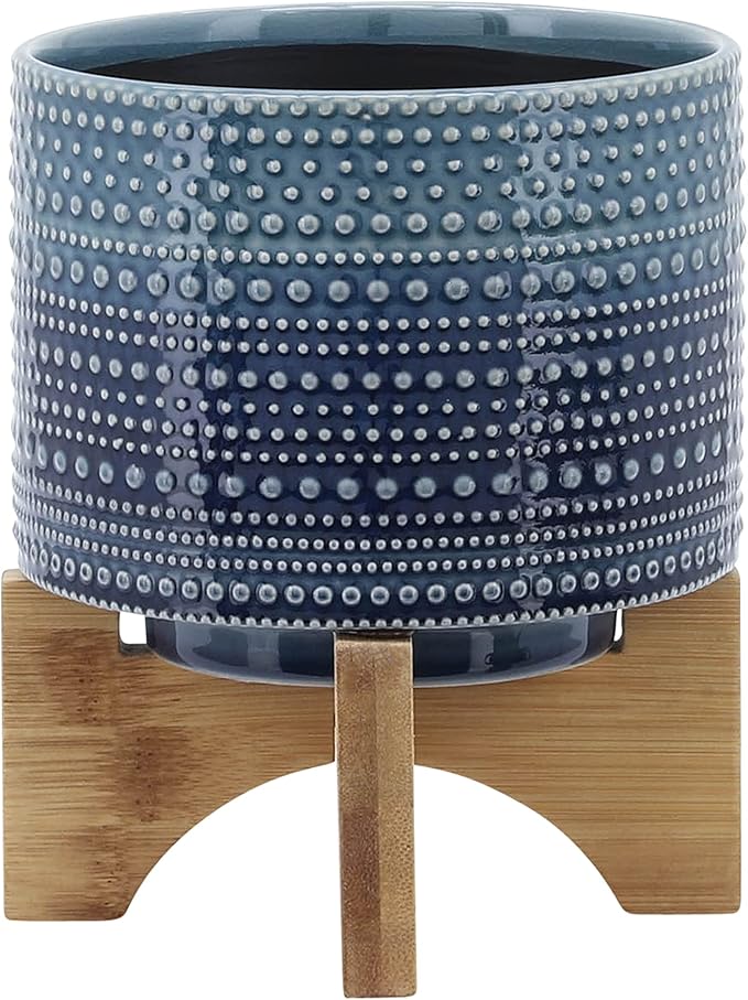 5 Dotted Planter W Wood Stand Blue