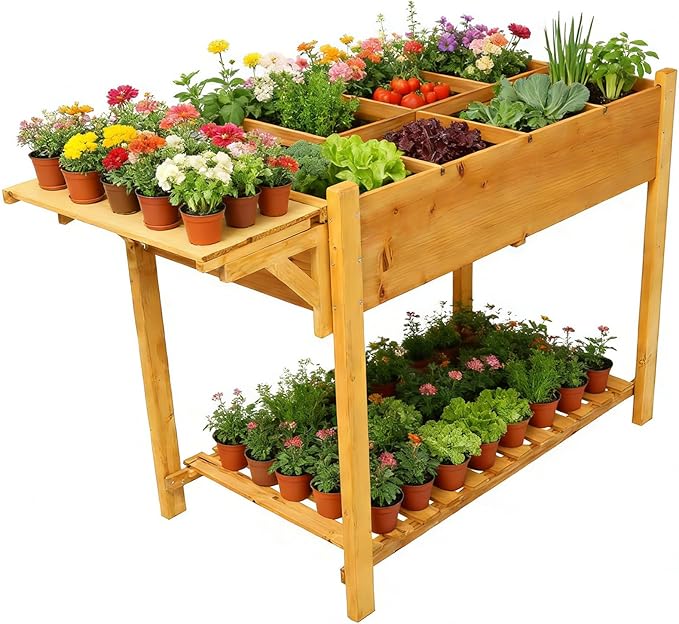 8 Pockets Horticulture Raised Garden Bed Elevated Wood Planter Box Stand with Foldable Side Table and Storage Shelf for Herb/Vegetables/Flowers (49 L x22 W x32 H)