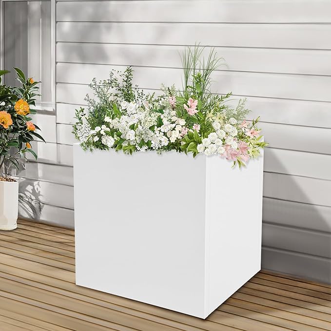 Raised Garden Bed 17 * 17 * 18in Steel Square Planter Flower Box for Indoor Outdoor Balconies Gardens Decks Patios Decks Front Porches (White)