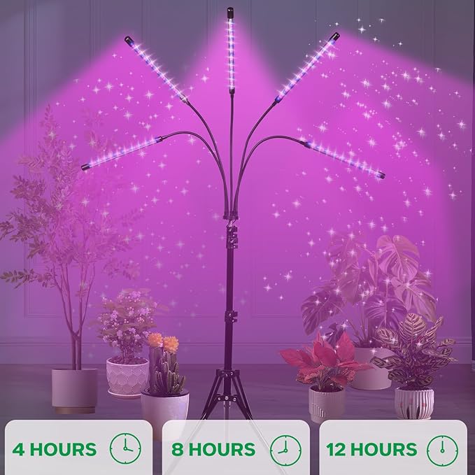 5-Head Floor Plant Lights - 15-63 Adjustable Stand Dual-Band Red/Blue LEDs - Remote Control &amp Auto Timer for Large Indoor Gardens Vegetables Flowering Plants (5-Head)
