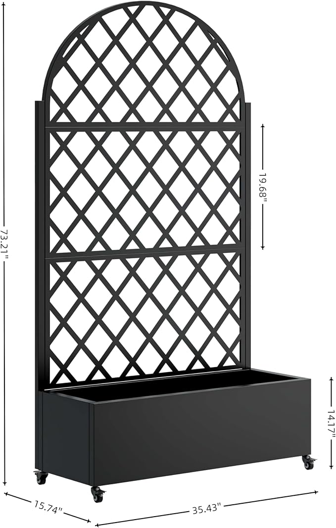 Metal Planter Box with Trellis Privacy Fence with Planter Box Privacy Planters for Patio with Drainage Holes Round Raised Garden Bed with Wheels for Climbing Plants Vegetables (Black+Round+Metal)