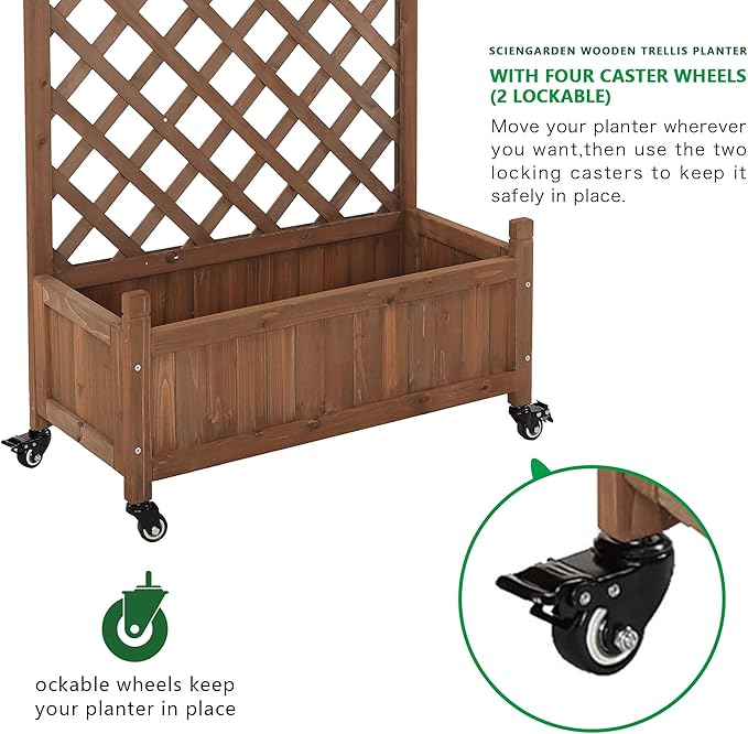 2 Pcs Wooden Planter Boxes with Trellis: Four Universal Wheels for Easy Mobility 37.6 H x 27.5 W x 13 DPerfect for Outdoor Climbing Plants on Patios Balconies &amp Gardens
