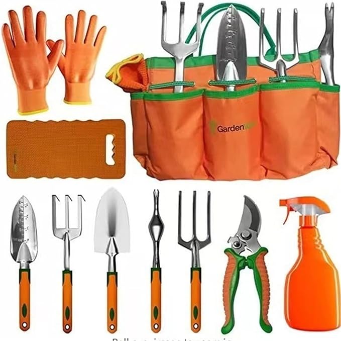 Garden Tool Set 10 Pieces Orange Heavy Duty Aluminum Hand Tools with Storage Bag Pruning Tools Shovel rake Gift for Men Women
