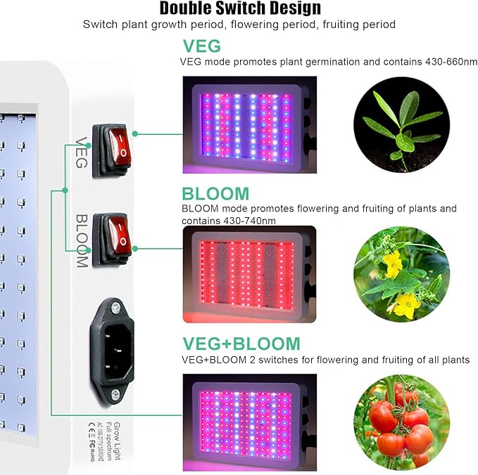 Full Spectrum Grow Light 2000W Full Spectrum LED Grow Light 3000lm Double Switch Plant Grow Light for Indoor Plants Veg and Flower Grow Light (USA Plug)