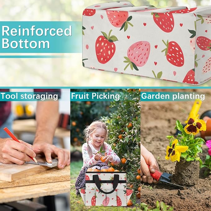Strawberries Gardening Tool BagHeavy Duty Garden Tote BagPortable Oxford Gardening Storage Basket Organizer Handbag with Pockets HandleHand Tools Gifts for Outdoor Garden Lawn Yard