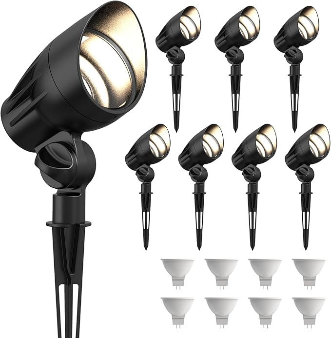 GOODSMANN Low Voltage Spotlights Landscape Lighting 5W LED 8PK Outdoor Floodlights 2700K Warm White Replaceable LED Outside Hardwired Lighting with Metal Stake Cable Connector