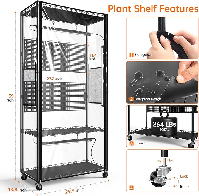 Bstrip Indoor Greenhouse Cabinet with Pegboard Indoor Greenhouse with 4 Pack 96W Full Spectrum Grow Light for Indoor Plant Foliage Plants 29.5x13.8x59