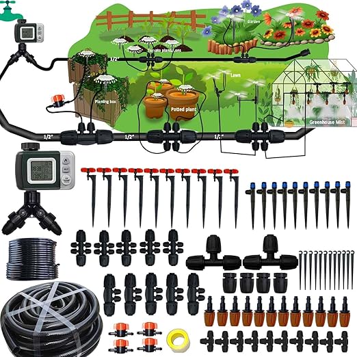 160Ft Drip Irrigation System with Water Timer for Garden Main Water Hose ID 1/2inch 30Ft 1/4in 130Ft Sufficient Water Pressure Irrigation Dripper Waterflow Evenly Easy DIY Garden Watering System