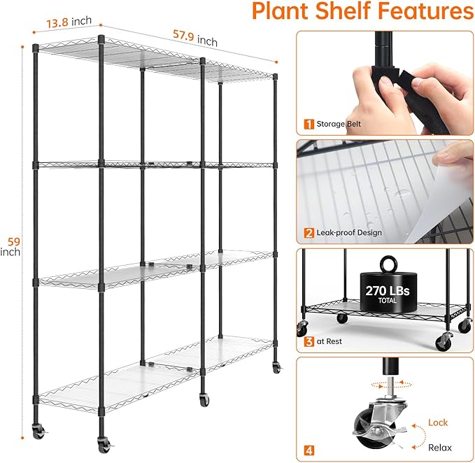 Bstrip Plant Shelf with Grow Light 4-Tier Large Grow Light Shelf with Wheels Stainless Steel 12-Pack 288W T8 Full Spectrum Grow Lights for Seed Starting(57.4 L x 13.8 W x 59 H)