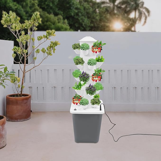 25 Plants Hydroponic Tower Hydroponics Growing System Vertical Garden Planter with Water Pump Plants Germination Kit for Indoor Herbs Vegetables Fruits (Grey)