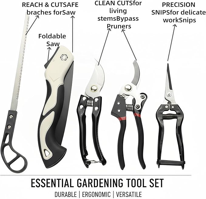 5-Piece Gardening Tool Set with 3 Pruning Shears &amp 2 Folding Saws Professional Stainless Steel Blades for Tree Trimming Branch Cutting Bonsai Care Camping (Gift Ready)