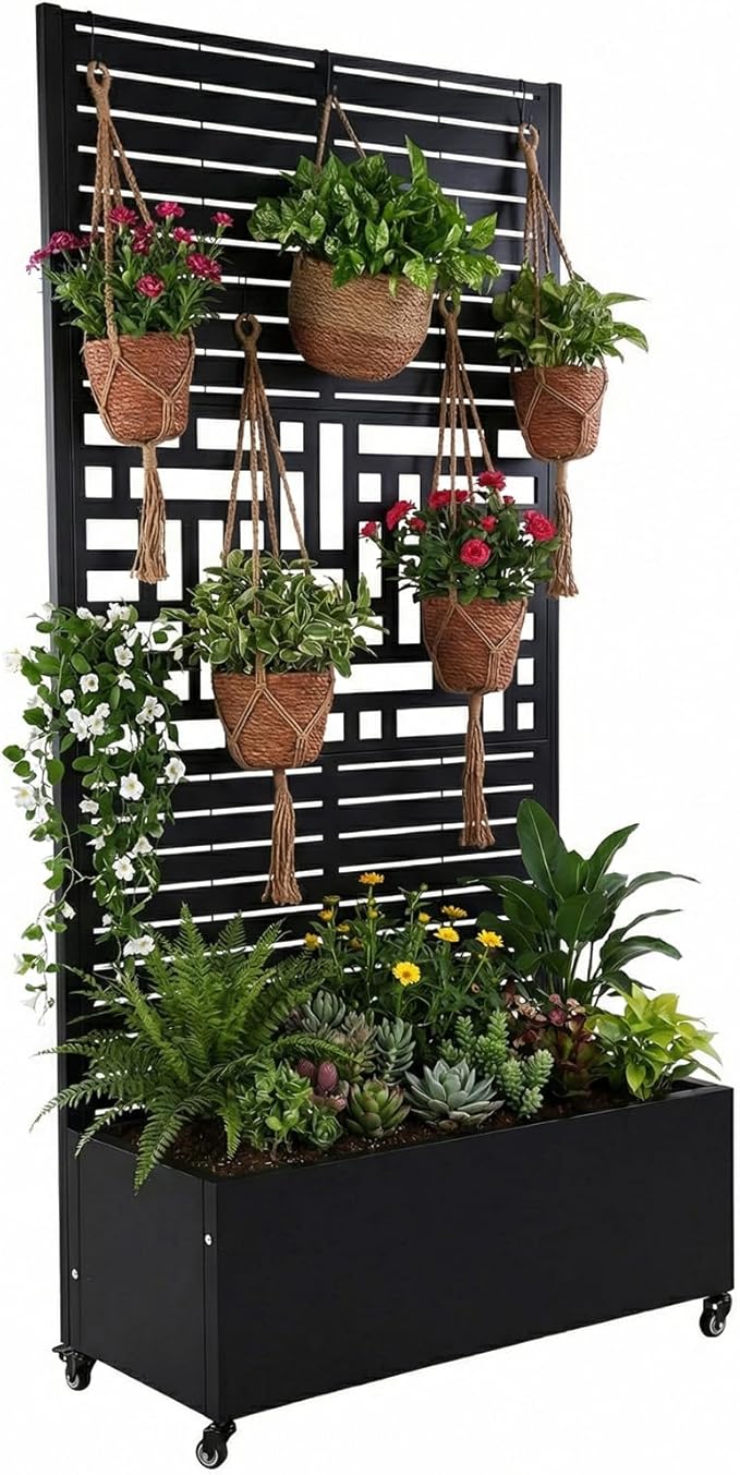 70.87x35.43x15.75 Inch Metal Planter Box with Trellis and Wheels Raised Garden Bed with Drainage Holes Privacy Planters Suitable for Climbing Plants and Vegetables (01)
