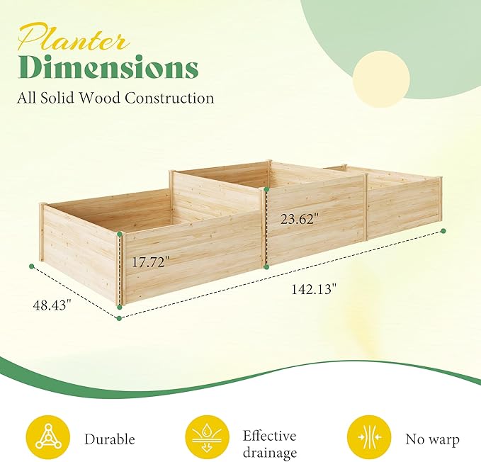 SPECRAFT 2-Tier Raised Garden Bed 23-Inch Deep Fir Wood Planter Box with Mortise &amp Tenon Structure 3-Section Open Base for Vegetable Flowers &amp Herb for Backyard Garden Patio 142 x 49 x