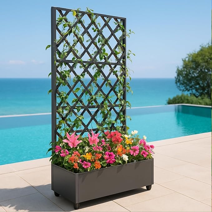 Metal Raised Planter Box with Diamond Lattice Trellis &amp Lockable Wheels 12'' Deep Galvanized Garden Bed with Privacy Screen &amp Drainage for Climbing Plants Flowers &amp Vines – Patio Balcon
