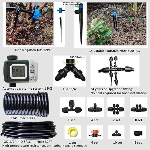 Drip Irrigation System with Water Timer 162ft Drip Irrigation Kit 5/16“ID and 1/4 Inch Pipe Auto Watering System for Garden Adjustable Spray for Greenhouse Garden Lawn Potted Plants Black