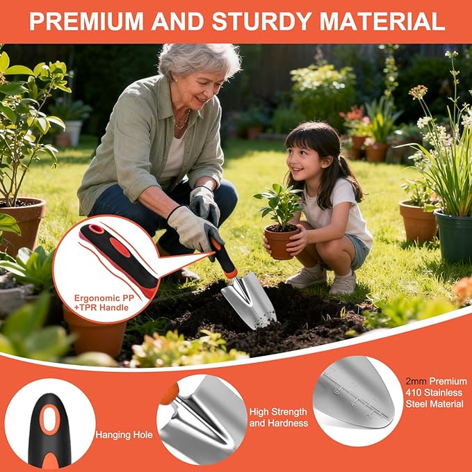 Yesker Gardening Tools 7-Piece Heavy Duty Garden Tool Set Gardening Supplies Gifts for Women Men Gardening Hand Tool Kit with Non-Slip Ergonomic Handle Garden Bag Pruning Shears Black Orange