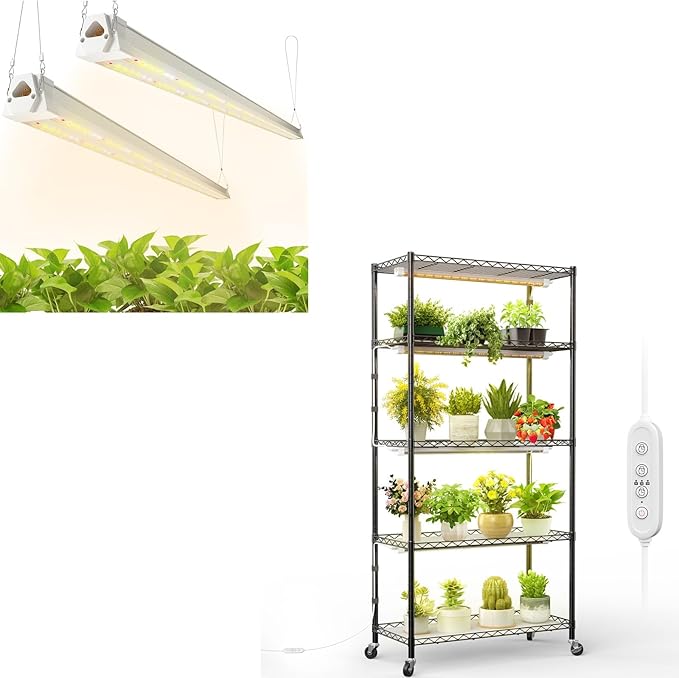 FREELICHT 5 Tier Plant Shelf with 4-Pack 2FT 30W LED Grow Lights with Timer+ 2 Pack 4FT 40W Grow Light Sunlike Full Spectrum Plant Light for Hydroponic Indoor Plant Seedling Veg and Flower