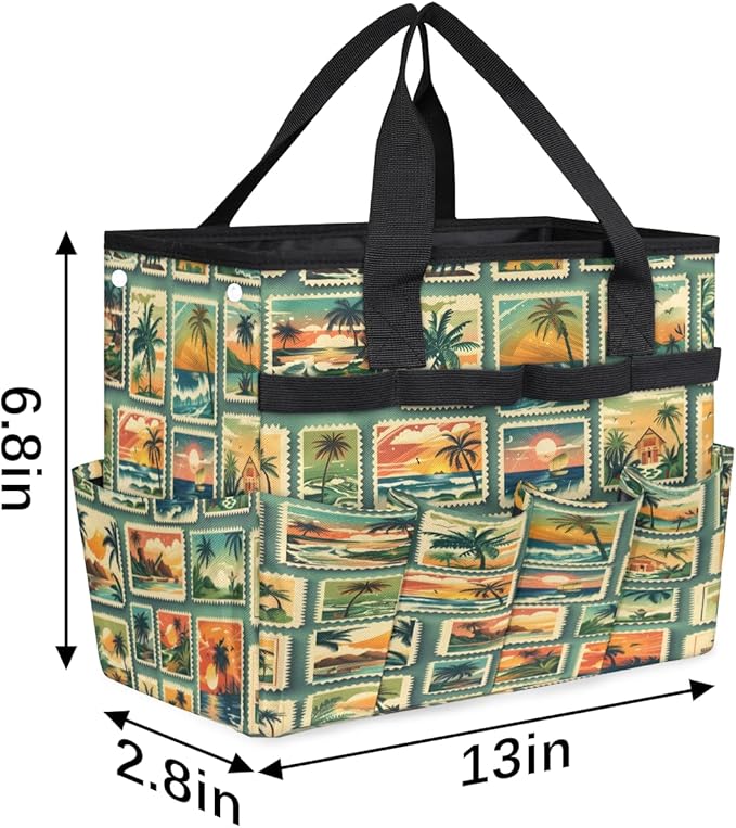 Scenery Palm Tree Sunset Print Garden Tool Bag for Women Men Garden Storage Tote Bag with 10 Pockets &amp Handle Gardening Tool Organizer for Garden Patio Indoor Outdoor