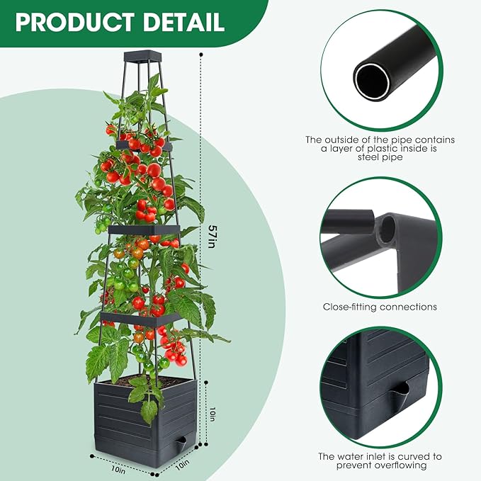 MQFORU 4Pack Raised Garden Bed Planter Boxes with Trellis 57 Self-Watering Tomato Planter Boxes with Trellis for Climbing Vegetable and Plants Tomato Cage for Indoor Outdoor Use