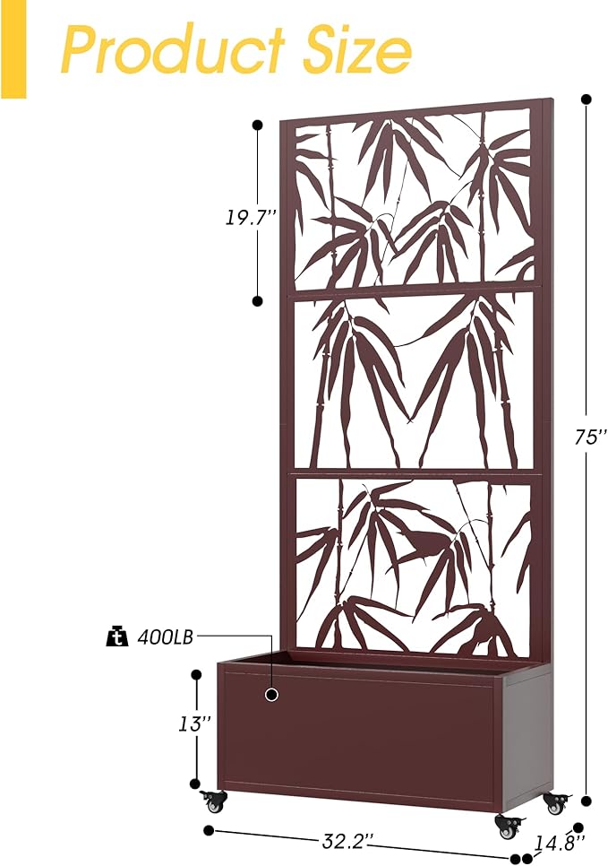 Metal Mobile Planter Box with Trellis 75x 32x 15 Moblie Planter Box Trellis with Privacy Screen Drainage Holes and 4 Lockable Wheels Brown Bamboo Style