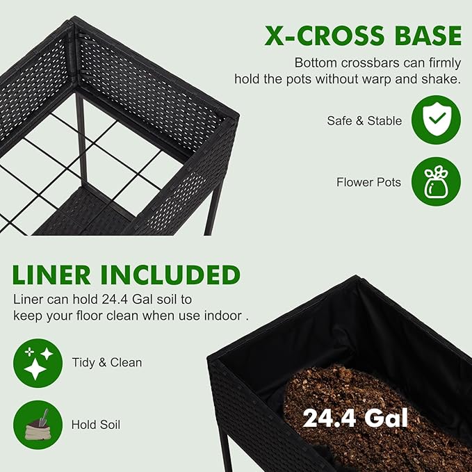 Kinpaw Rattan Raised Garden Bed with Liner- Planter Box with Underneath Tool Storage Rack Elevated Planting Containers with Legs Handmade Wicker Plants Pot Holder for Herbs Vegetables Flowers