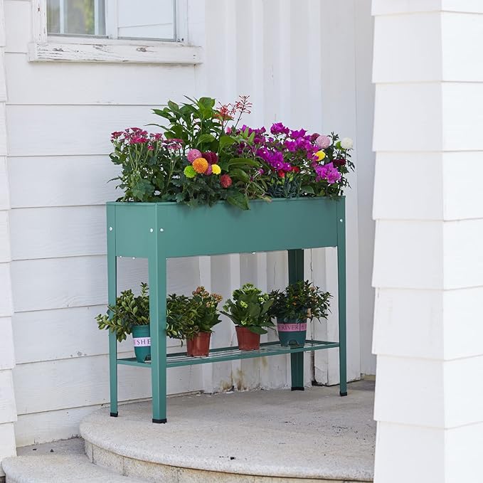 Raised Garden Bed Elevated Green Metal Plant Box with Legs Standing Garden Stand with Drainage Holes (40 L x 11 W x 31 H)