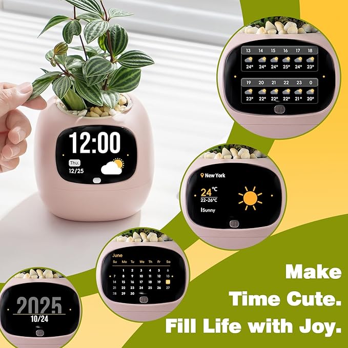 Smart Planter with App Control Self-Watering AI Plant Pot with LCD Display Interactive Desk Plant Companion for 100+ Plants Smart Indoor Planter with Pomodoro Timer80ml ReservoirCalendar-Pink