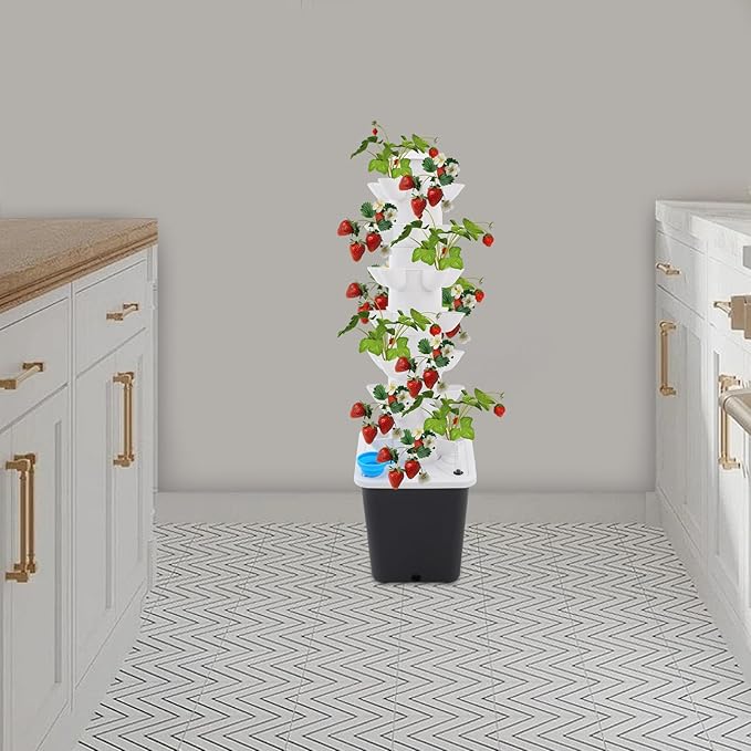 Hydroponic Growing Tower - 7-Tier Vertical Indoor Garden with 35 Planting Holes Automatic Water Circulation &amp Brushless Pump for Vegetables Fruits Herbs (Gray)