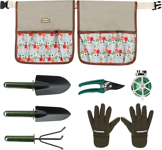 Garden Tool Set 8 Pcs Stainless Steel Heavy Duty Metal Gardener Gardening Hand Tool Set with Belt Bag Includes 8 Small Pockets Outdoor Heavy Duty Gardening Work Set with Ergonomic Handle