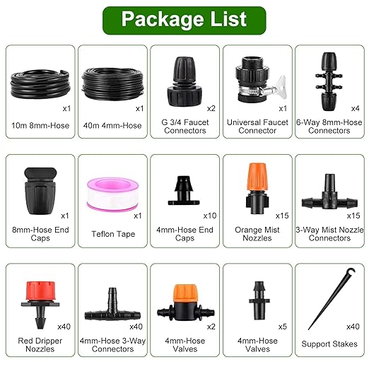 KOCASO Drip Irrigation System Automatic Drip Irrigation Kit Misting Plant Watering Drip Kit with 2 G 3/4 adapters &amp 1 no-Thread Universal Adapter for Garden Greenhouse Flower Bed Patio Lawn