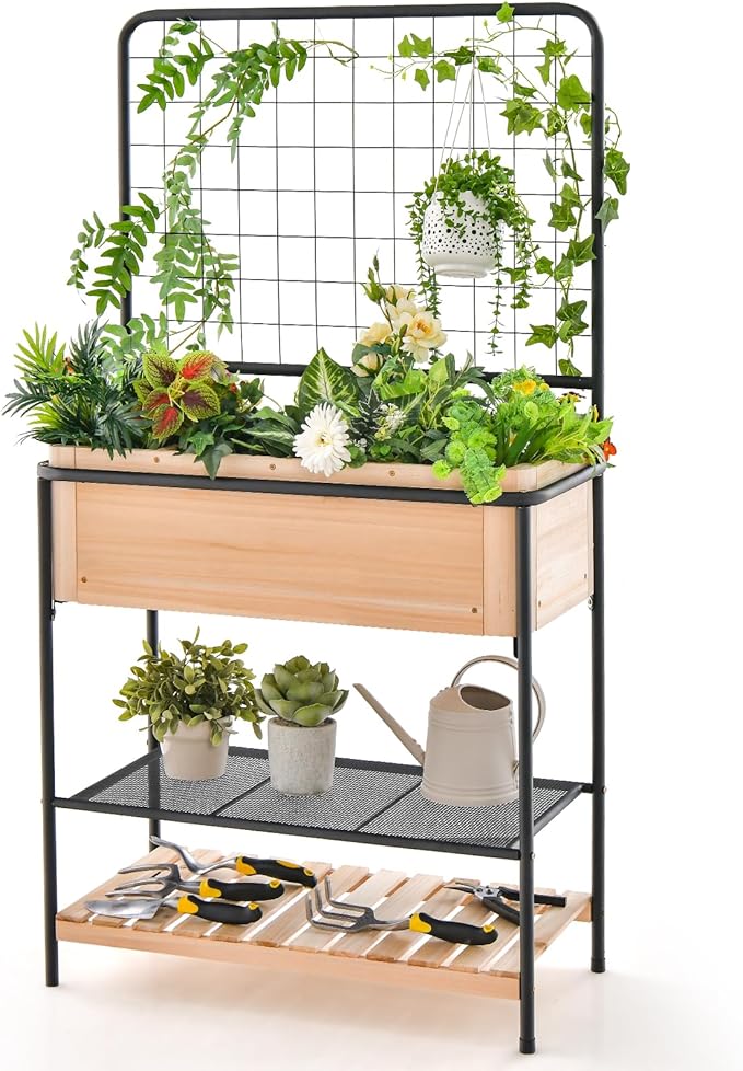 HAPPYGRILL Outdoor Raised Garden Bed 59” Wooden Elevated Planter Box w/Open Storage Shelves Removable Grid Divider Drain Holes &amp Black Liner Raised Garden Bed w/Legs &amp Trellis for Vegetabl