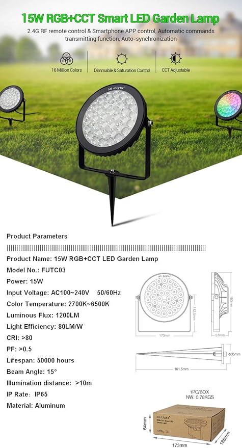 LGIDTECH FUTC03 RGB+CCT Outdoor 15W LED Landscape Garden Spotlight AC 100-240VColor ChangingCCT Color Temperature AdjustableMemory Function.No Plug