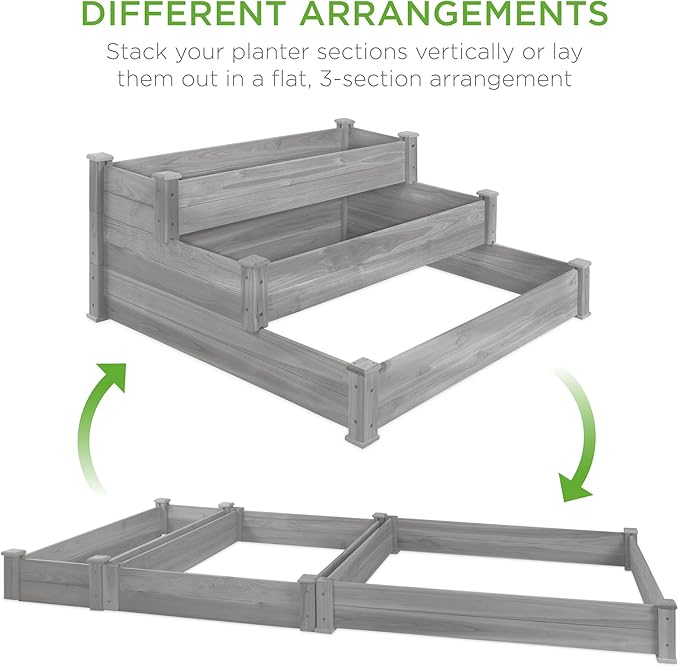 Best Choice Products 3-Tier Fir Wood Raised Garden Bed Planter Kit for Plants Herbs Vegetables Outdoor Gardening w/Stackable &amp Flat Arrangement Easy Assembly - Gray