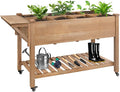 Raised Garden Bed with Lockable Wheels Mobile Elevated Wood PlanterStorage Shelf Protective Liner55.5x24x32in (Brown)