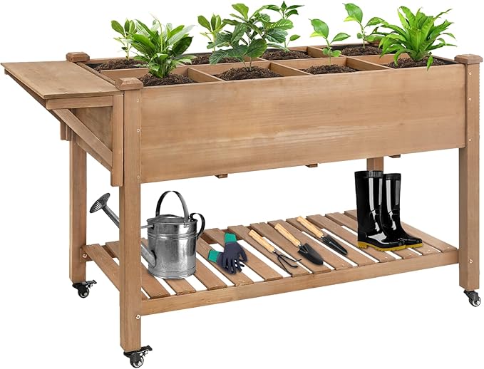 Raised Garden Bed with Lockable Wheels Mobile Elevated Wood PlanterStorage Shelf Protective Liner55.5x24x32in (Brown)