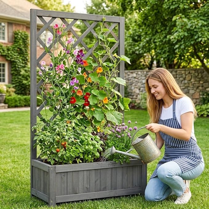 Wooden Raised Garden Bed with Trellis 40 Outdoor Planter Box for Climbing Plants Vertical Modern Gray Garden Planter for Vegetables Flowers &amp Vines Lattice Plant Support for Patio Yard Balcon